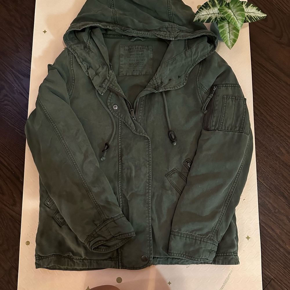 American Eagle Womens Army Green Hooded Utility Jacket